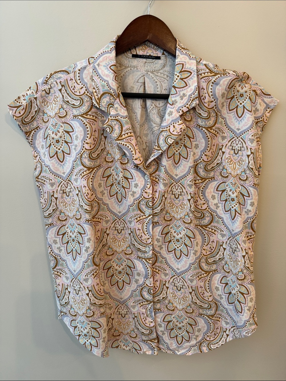 T Tahari Cap Sleeve Linen Blend Button-Up Shirt Pink
